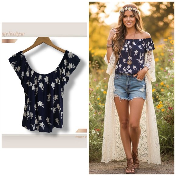 🌿Dainty Hooligan Women's Medium Navy Floral Cold Shoulder Boho Crop Top - Picture 1 of 10
